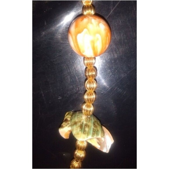Fashion Costume Necklace Orange Green Gold Beads Shells Jewelry Beachy Artisan - Picture 3 of 5